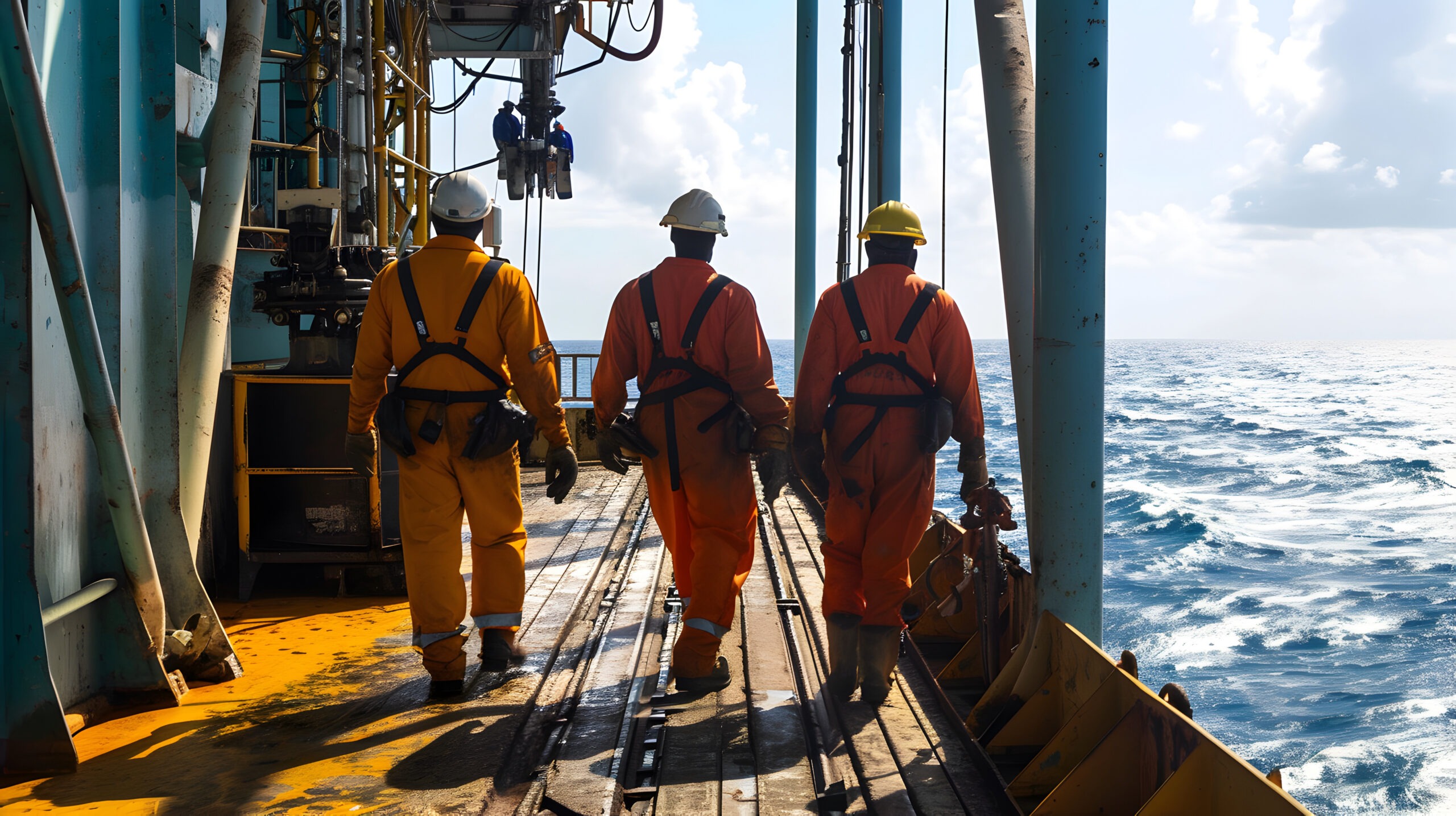 Offshore crew walking on a platform deck
