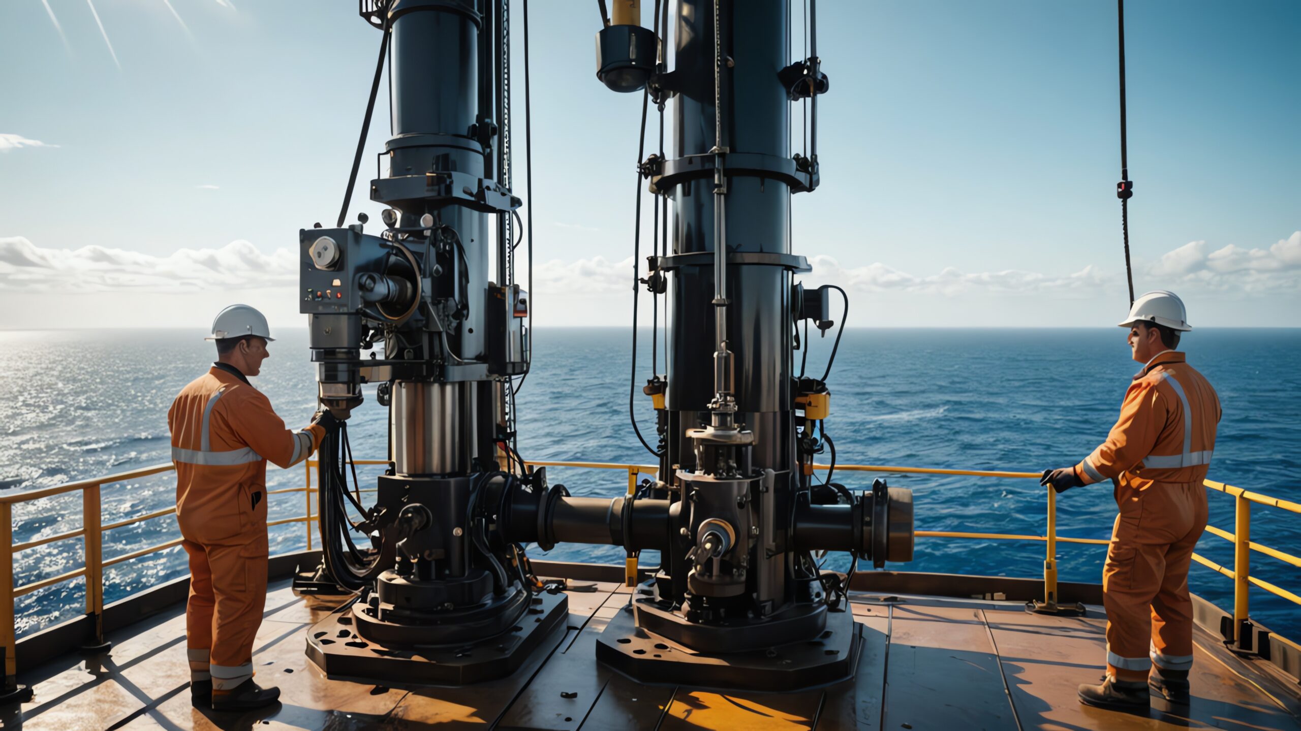 Workers on offshore hydraulic equipment