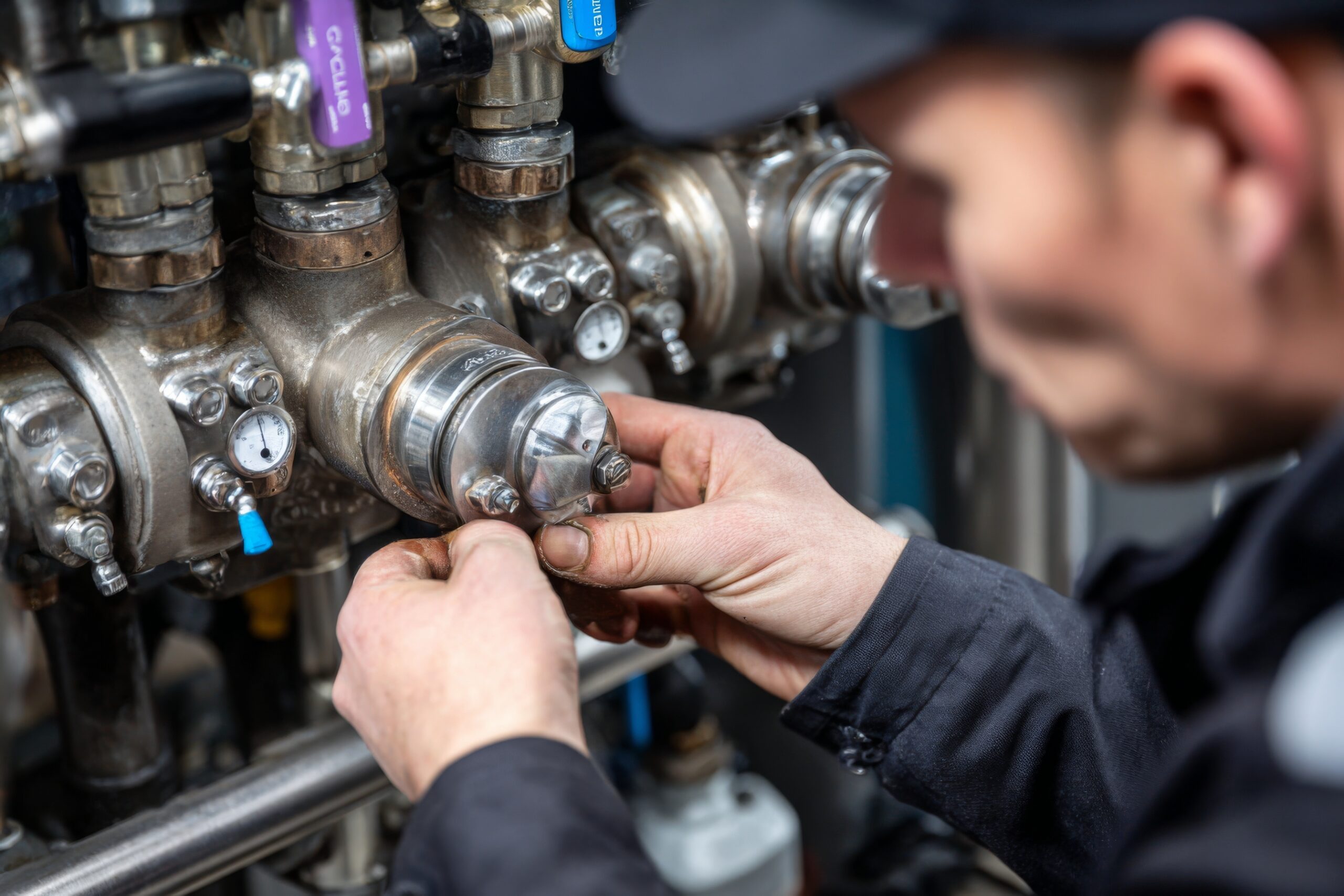Technician servicing hydraulic fittings