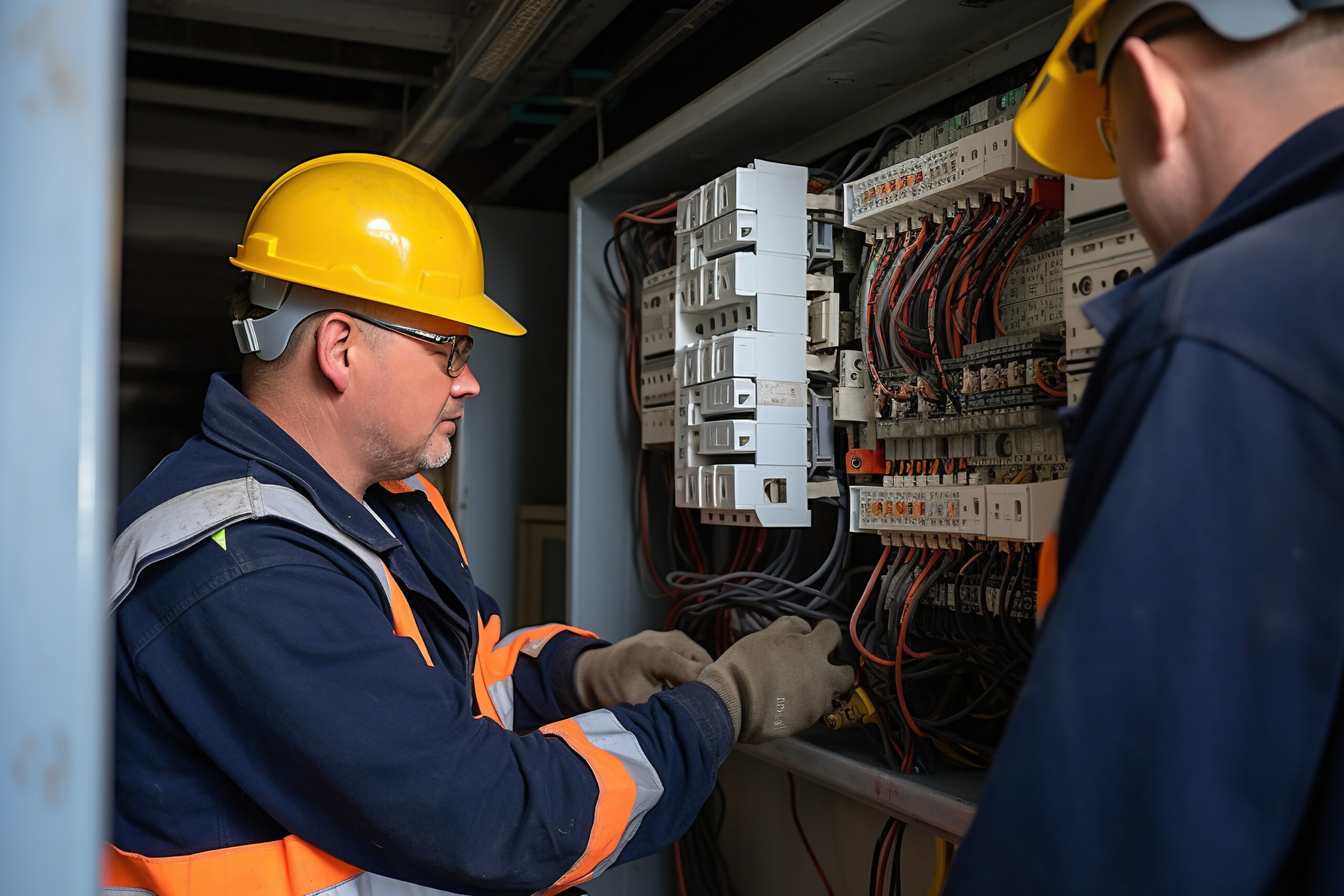 Offshore electricians working at an electrical panel