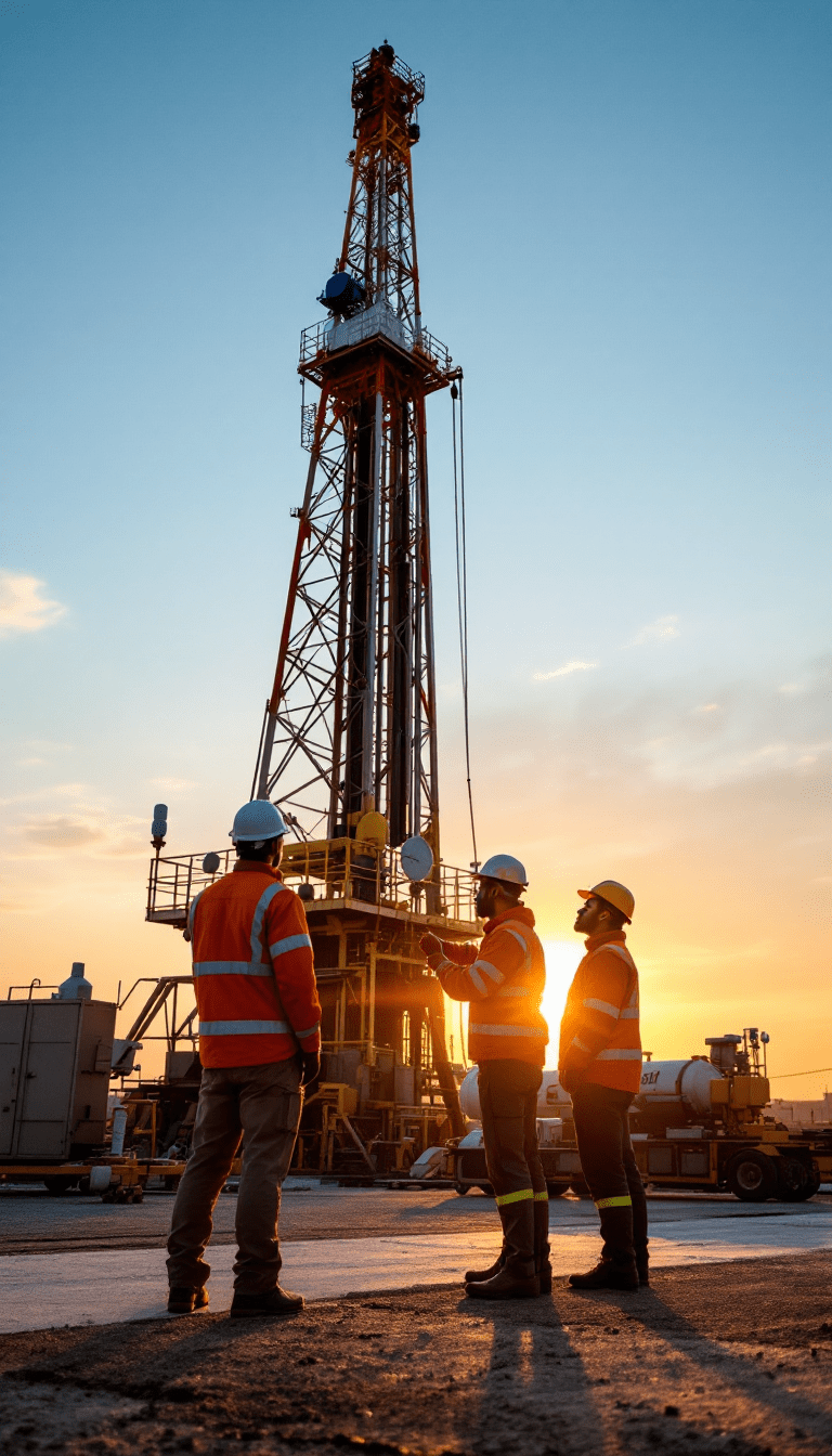 Drilling rig and crew at sunset