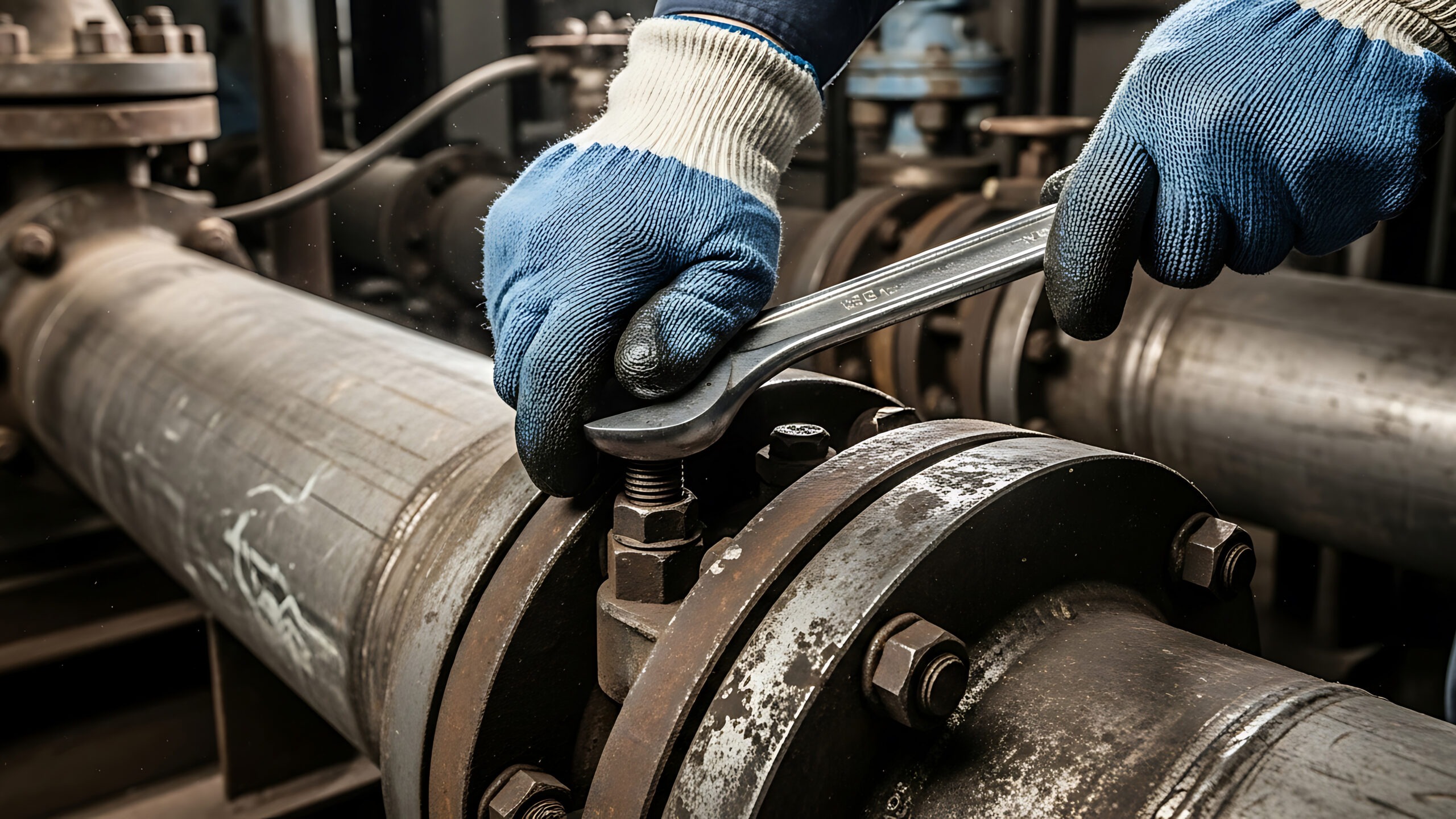 Wrench on an industrial pipe fitting
