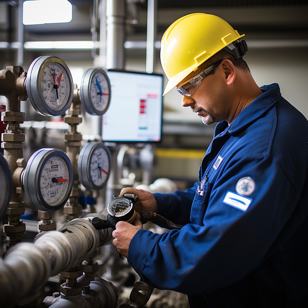 Valve technician checking gauges during testing