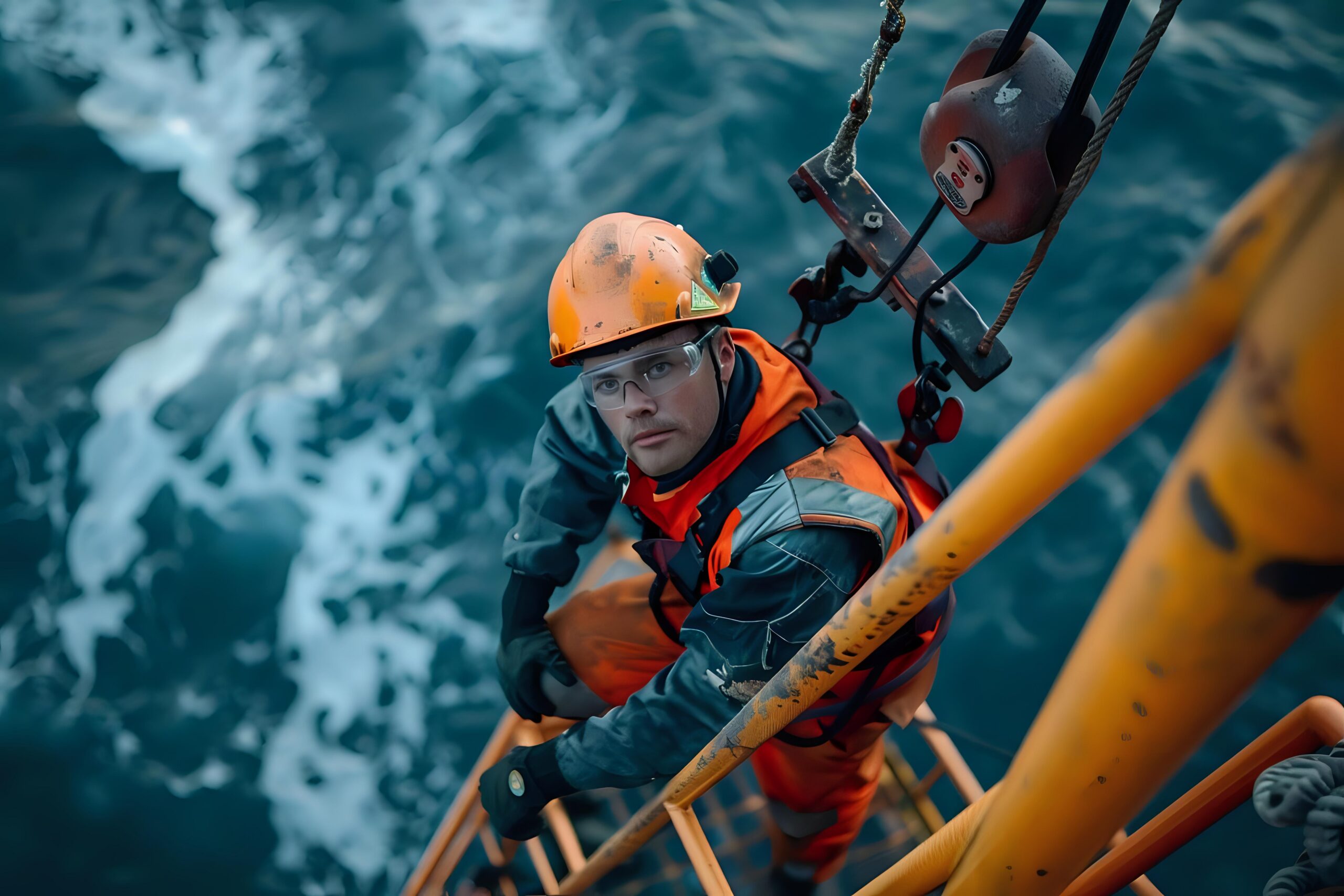 Offshore worker climbing a ladder above the ocean