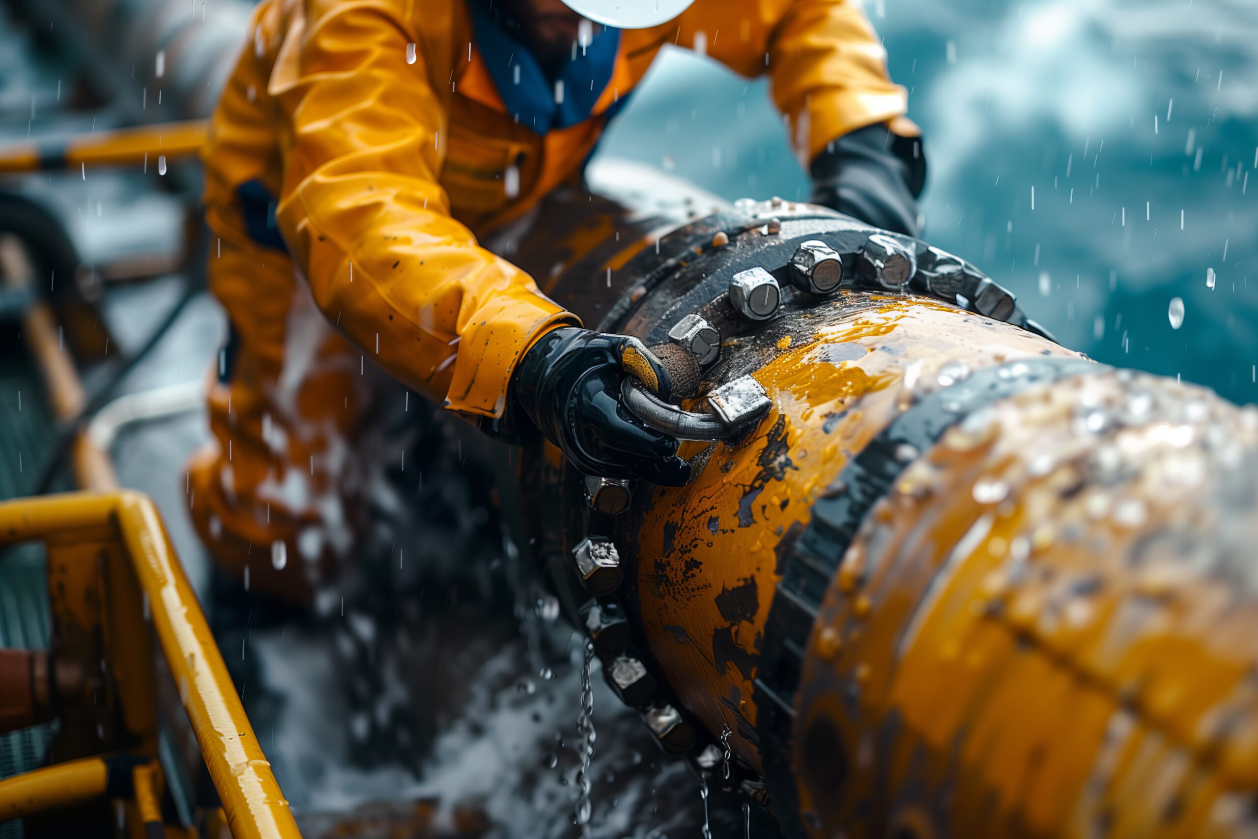 Offshore pipefitter working on a pipe connection