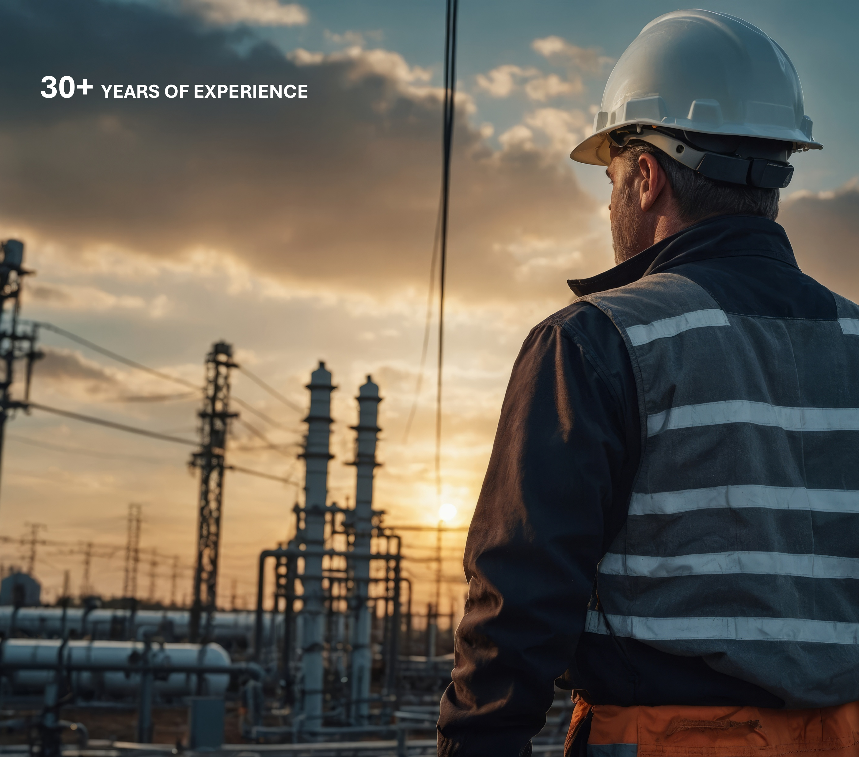 Worker in hard hat and hi-vis vest overlooking an industrial facility at sunset