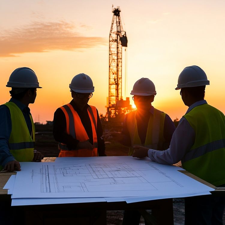 Crew in hard hats reviewing plans at sunset