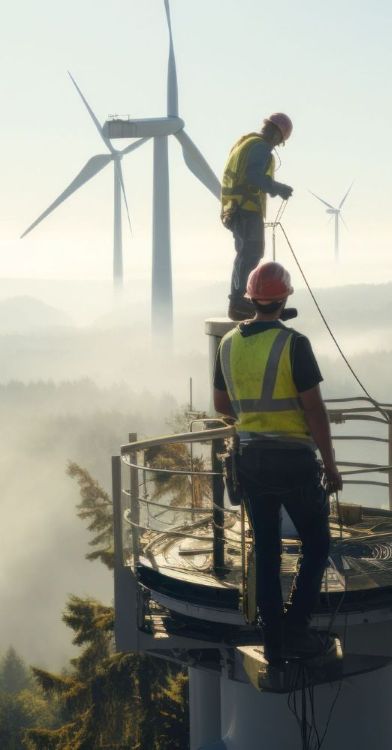 Energy-sector technician on a platform near wind turbines