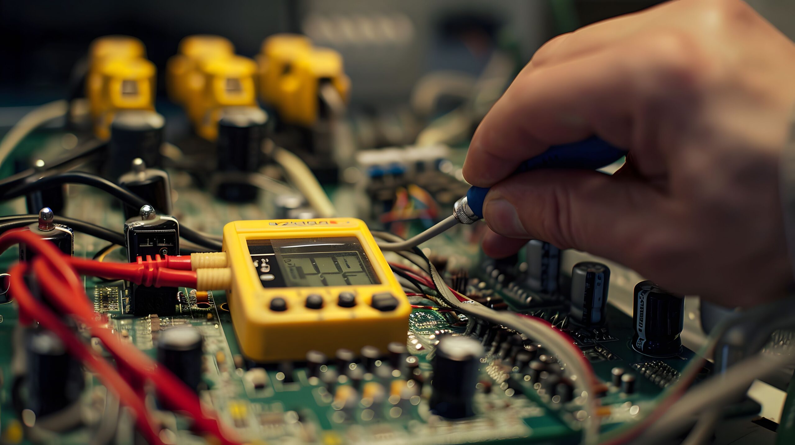 Instrumentation technician testing a circuit board with a multimeter