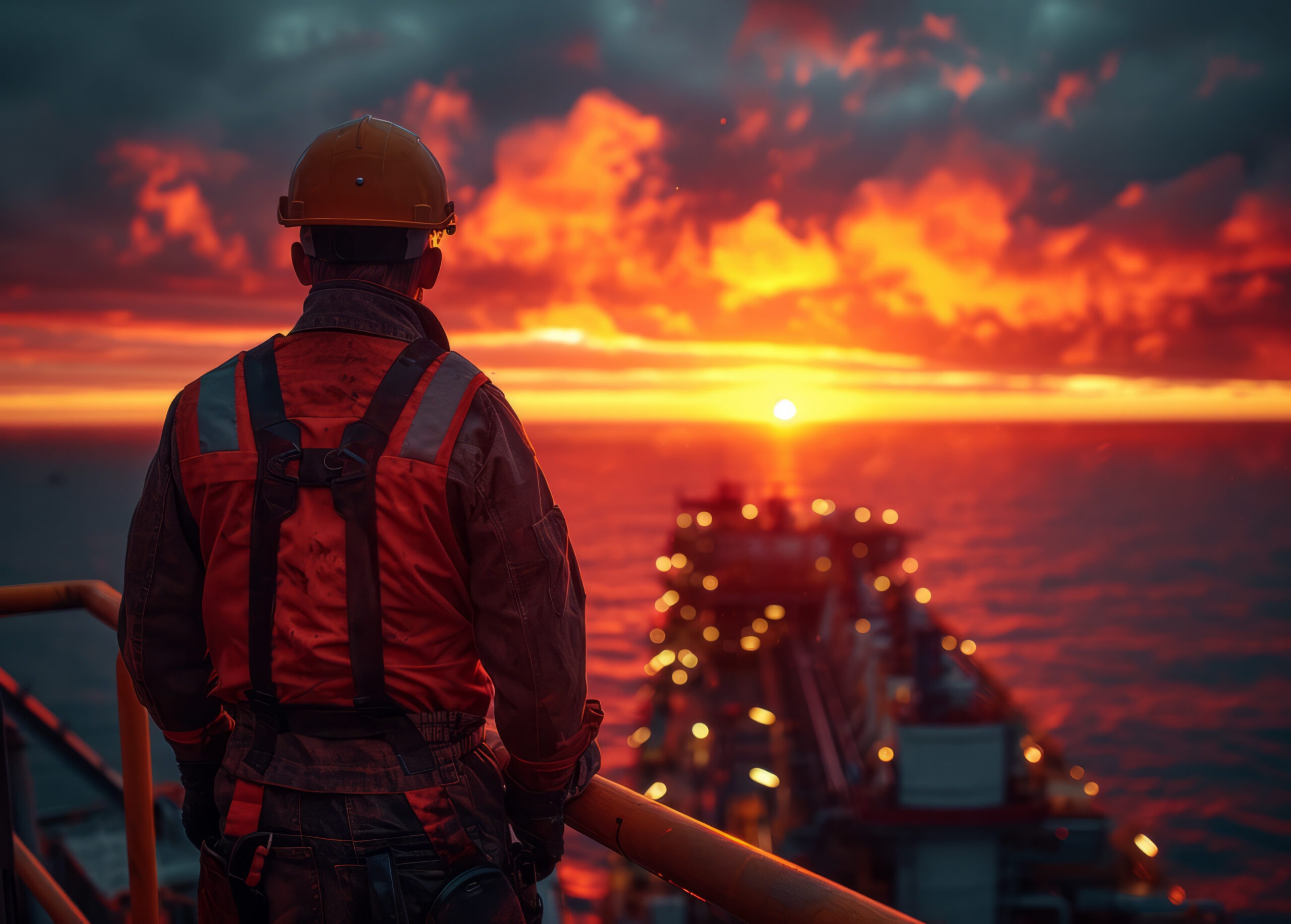 Offshore worker on deck at sunset